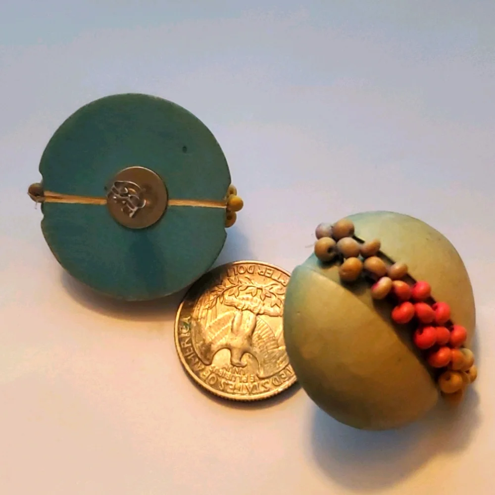 BIG OLIVE GREEN Wooden Round Stud  Pierced Earrings With Small Orange Beads
